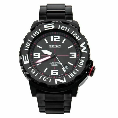 Relógio SEIKO automático preto com bracelete metálico e mostrador com números e indicadores