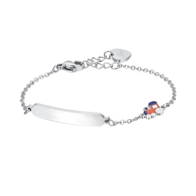 Pulseira prateada com placa lisa e pendente colorido de puzzle