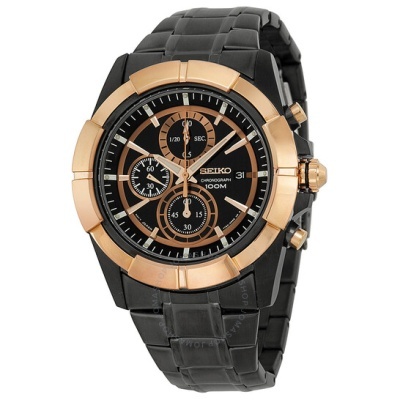 Relógio Seiko preto e ouro rosa com mostrador de cronógrafo e bracelete em metal preto