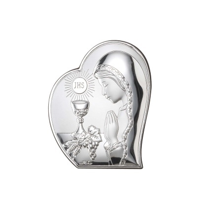 Placa decorativa prateada com figura feminina em prece, cálice, uvas e texto JHS