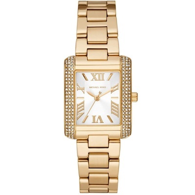 Relógio de pulso feminino dourado Michael Kors com pedras brilhantes nas laterais