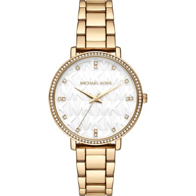 Relógio de pulso dourado Michael Kors com mostrador branco e cristais no aro