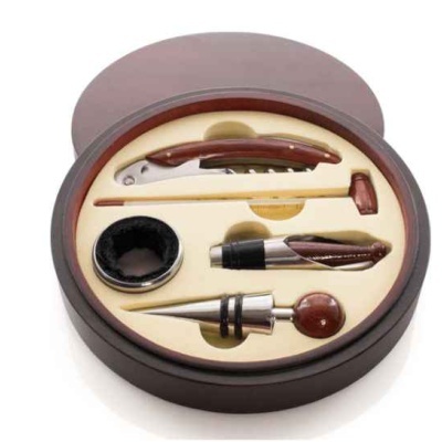 Conjunto de acessórios para vinho em caixa redonda de madeira