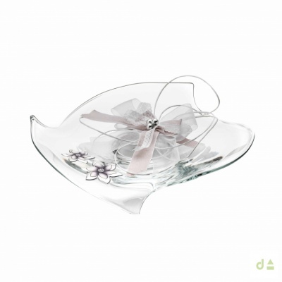 Prato decorativo de vidro transparente com flores cinza e laço cinza