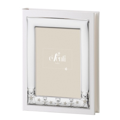 Moldura fotográfica prata com ursinhos e suporte branco
