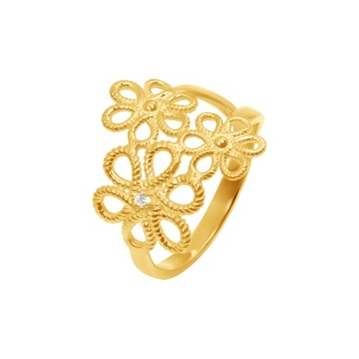 Anel dourado com design de flores rendilhadas e detalhe brilhante