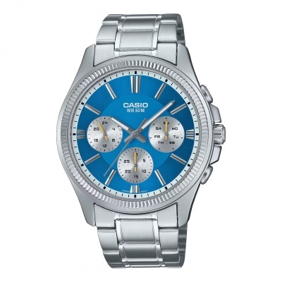 Relógio Casio prateado com mostrador azul e três submostradores