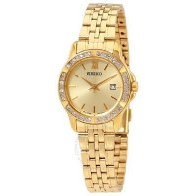 Relógio Seiko dourado feminino com bracelete metálica e aro com pedras