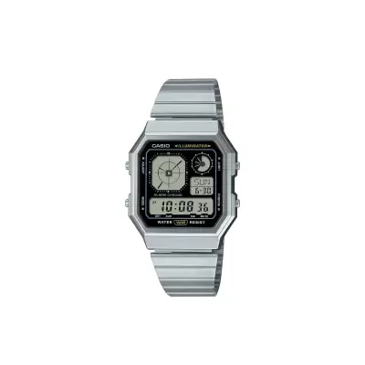 Relógio digital Casio prateado com ecrã e várias funções digitais.