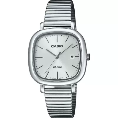 Relógio Casio prateado com bracelete metálica e mostrador quadrado