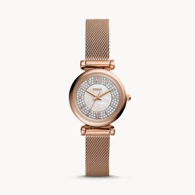 Relógio Fossil feminino ouro rosé com bracelete de malha e cristais
