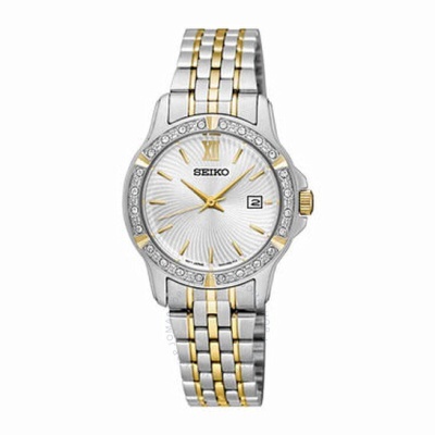 Relógio Seiko prateado e dourado com cristais e mostrador branco texturizado