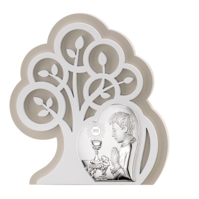Quadro decorativo em forma de árvore com criança a rezar e símbolos religiosos em placa prateada