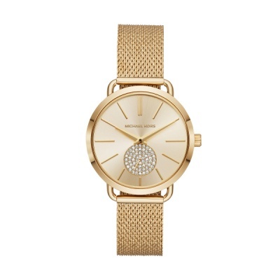 Relógio dourado Michael Kors com bracelete de malha e mostrador com pedras brilhantes