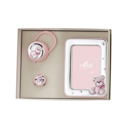 Conjunto de oferta rosa com moldura para fotografia e acessórios com ursinho