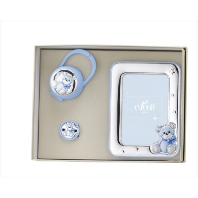 Conjunto de bebé azul e prateado com ursinho e porta-fotos