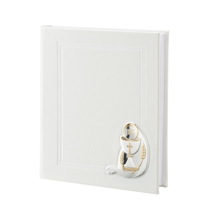 Livro branco com aplicação metálica de cálice, cruz, trigo e uvas