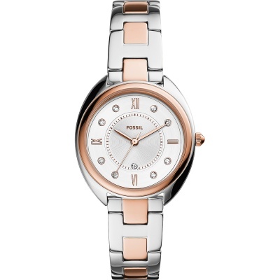 Relógio Fossil feminino com bracelete prata e rosa dourado e mostrador branco