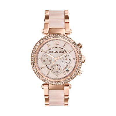 Relógio Michael Kors rosa dourado com pedras no aro e bracelete em metal e acrílico