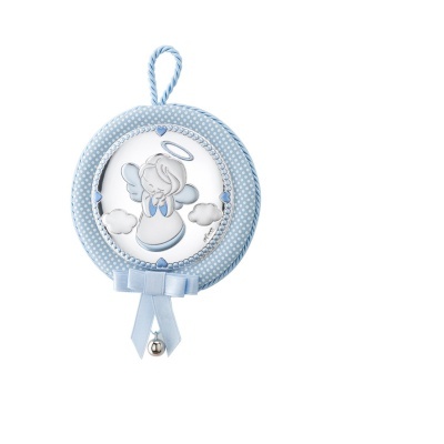Móbile redondo azul com anjo, laço e sino