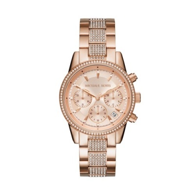 Relógio de pulso feminino Michael Kors dourado rosa com bracelete e pedras