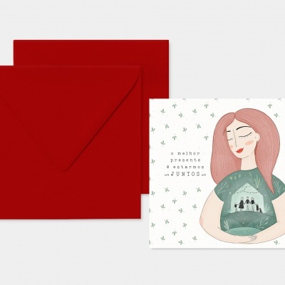 Cartão de saudação ilustrado com mulher e envelope vermelho