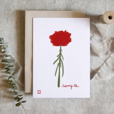 Cartão com flor desenhada e texto 'sempre'