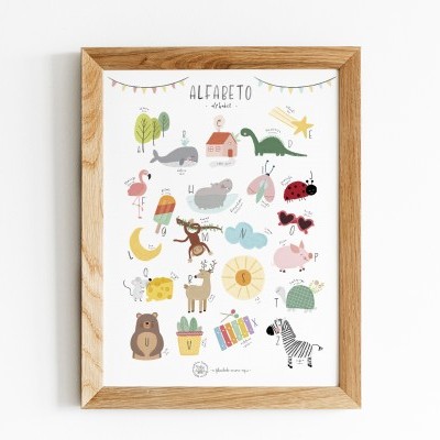 Poster infantil colorido com alfabetos e animais em moldura de madeira