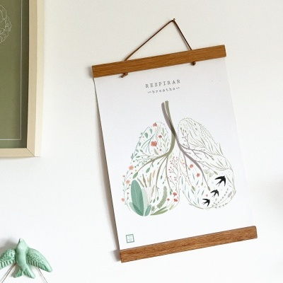 Póster de pulmões ilustrados pendurado numa parede branca com decoração circundante.