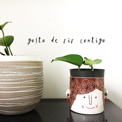 Dois vasos decorativos com plantas, vaso bege texturizado e vaso cerâmico com rosto desenhado.