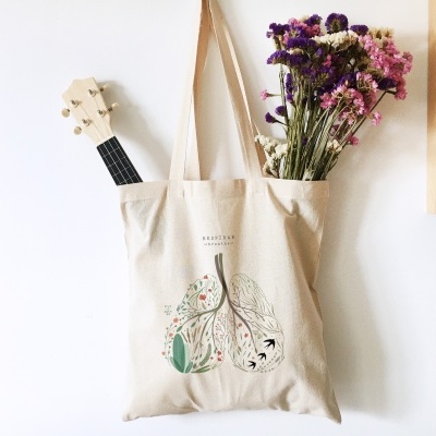 Sacola de tecido bege com ilustração botânica pendurada numa parede branca com flores secas e instrumento musical