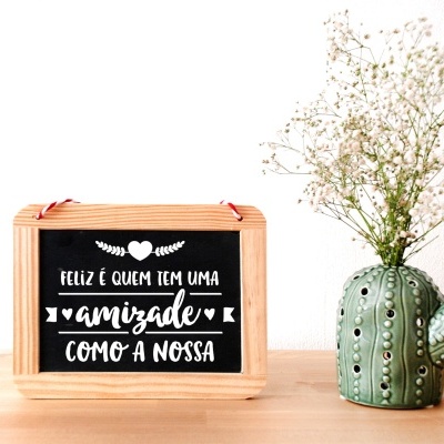Placa decorativa em madeira com texto em português ao lado de vaso em forma de cacto com flores brancas.
