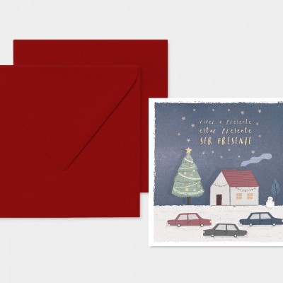 Cartão de Natal com envelope vermelho e ilustração natalícia