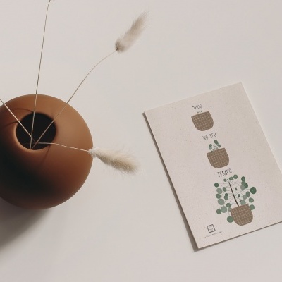 Vaso cerâmico castanho com flores secas e cartão ilustrado branco sobre fundo branco.