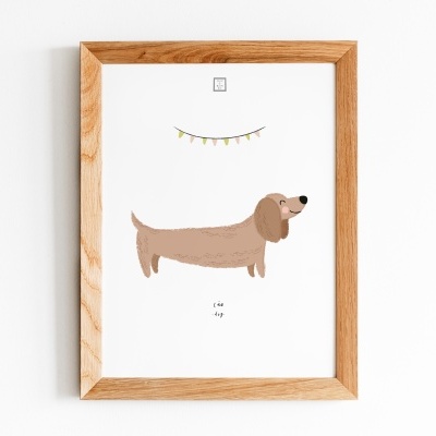 Poster com ilustração de cão Dachshund em moldura de madeira