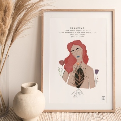 quadro decorativo com ilustração e texto, vaso branco fosco e arranjo de palha