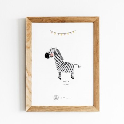 Quadro decorativo com illustration de zebra em moldura de madeira clara