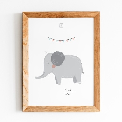 Quadro decorativo com ilustração de elefante cinzento e moldura de madeira
