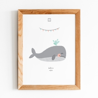 Quadro com ilustração de uma baleia cinzenta e texto
