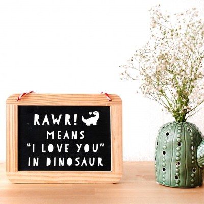 Quadro de madeira com mensagem e vaso cacto com flores sobre mesa de madeira