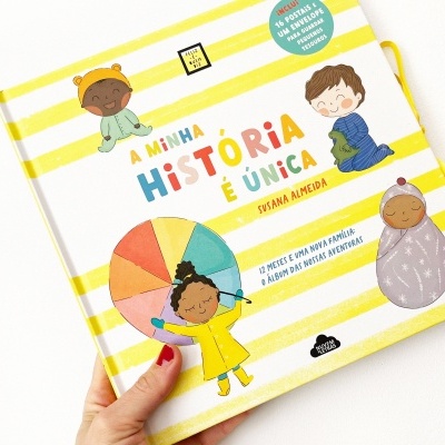 Capa de livro infantil com título 'A minha história é única' e ilustrações coloridas de crianças