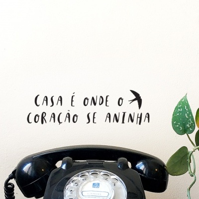 Telefone fixo antigo preto com disco transparente ao lado de planta e parede com texto