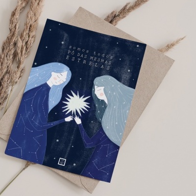 Cartão ilustrado com frases e duas figuras femininas segurando uma estrela