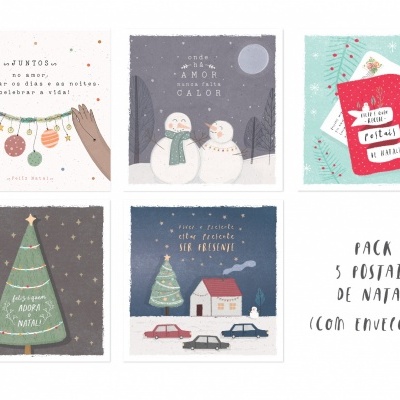 Postais de Natal ilustrados com temas festivos e texto em português
