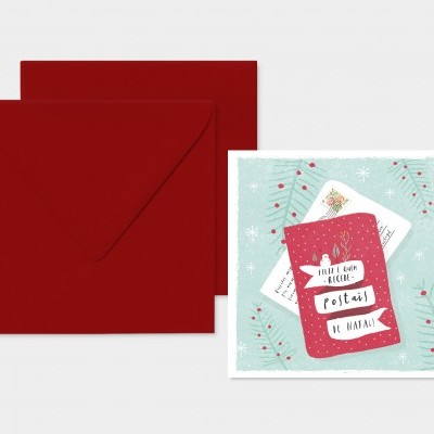 Cartão de Natal com envelope vermelho e design azul com ramos