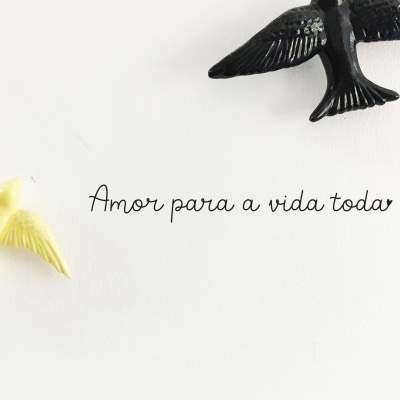 Duas figuras de pássaros amarelo e preto com a frase 'Amor para a vida toda' numa parede branca