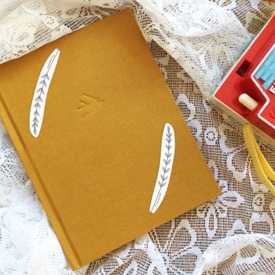 Caderno castanho com autocolantes, tecido rendado e câmara fotográfica vermelha FISHER PRICE