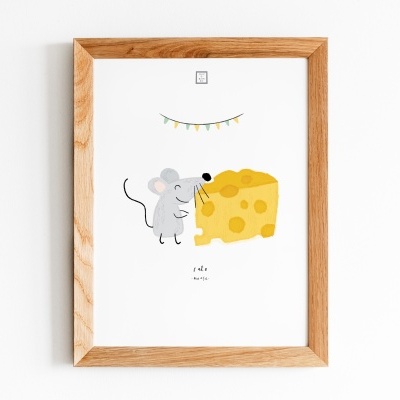 Quadro decorativo com ilustração de rato e queijo