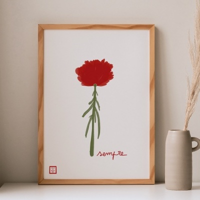 Quadro com ilustração de flor vermelha e palavra 'sempre', ao lado de vaso bege com ramo seco
