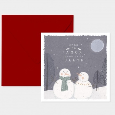Cartão com desenho de dois bonecos de neve e texto em português